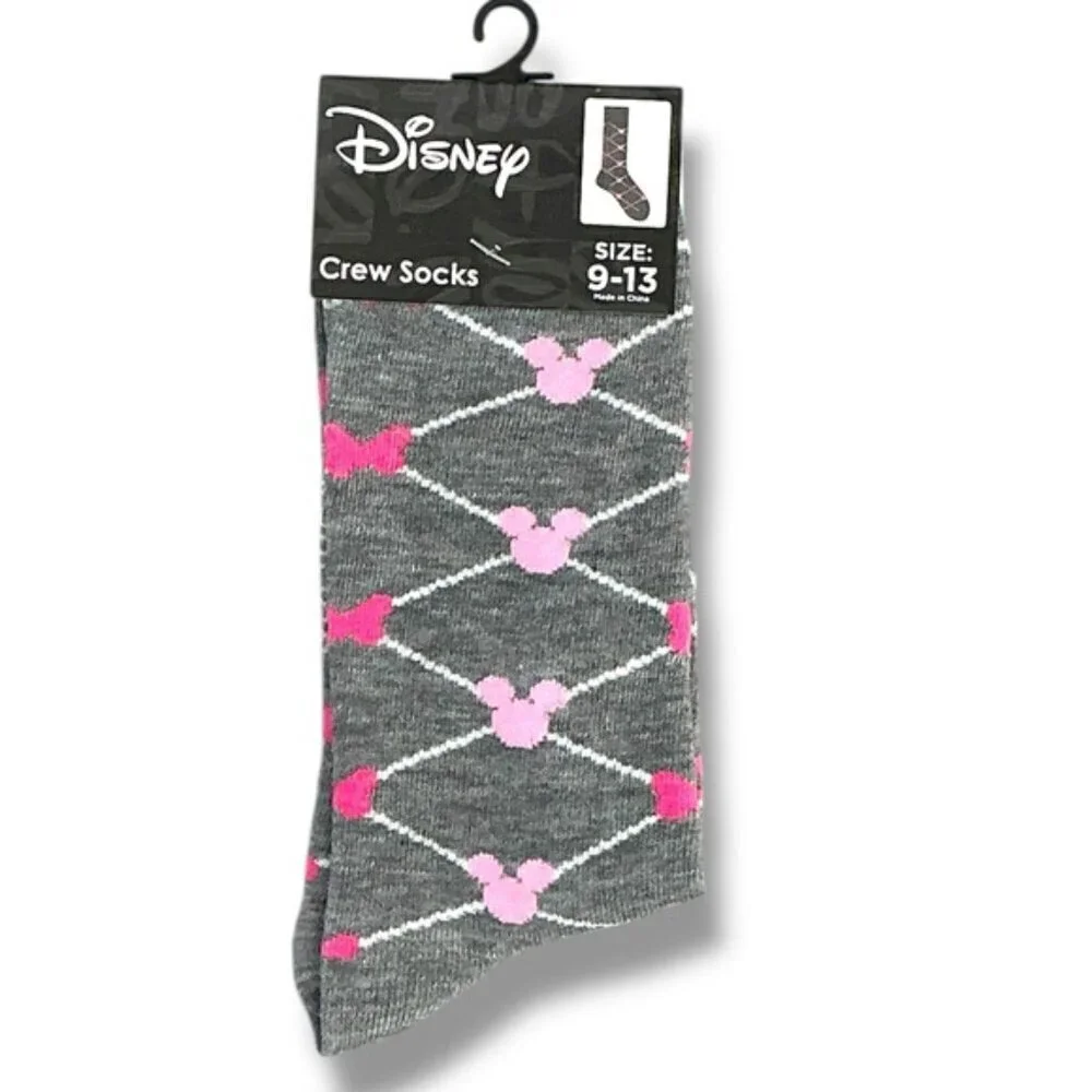 Disney Minnie Mouse Crew Socks Novelty Casual Pink Gray Adult 9-13 One Size